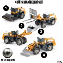 Giffy Oyuncak Metal Başlıklı Iş Makinaları Seti Ekskavatör Kar Küreyici Forklift Silindir 4 Ü 1 Arada Set