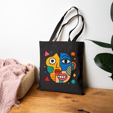 Tişört Kodu Modern Sanat Desenli Gabardin Fermuarlı Tote Çanta – Renkli Yüz Tasarımı