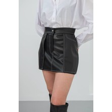 Lior Design Siyah Kontrast Dikiş Detaylı Şort Etek BCHN-25W260015