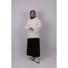 İlmek 25002 Saç Örgü Detaylı Kimono Kollu Kazak Ekru