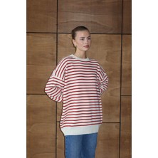 İlmek 25034 Kadın Oversize Çizgili Kazak Kırmızı