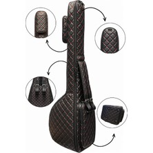 Erga Müzik Saz Kılıfı Siyah Suni Deri Kalın Kılıf Kırmızı Kapitoneli Uzun Sap Bağlama Kılıfı