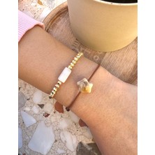 Atelier Çağla Ikili Kahverengi Altın Kristal Ay Taşı Mermer Görünümlü Yıldız Bileklik Kombin