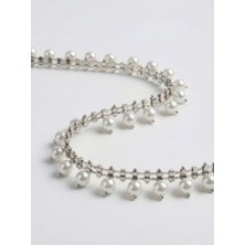 Boncukcu Abla Gümüş Zincirli Akrilik Inci Şerit - Dekoratif Süsleme Malzemesi (1 Metre)