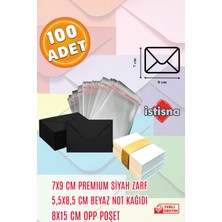 İstisna 100 Adet 7x9 Cm Siyah Zarf Beyaz Not Kağıdı ve Opp Poşet Hediyeli Sevimli Mini Kart Zarfları