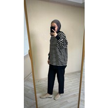 İlmek 25034 Kadın Oversize Çizgili Kazak Siyah