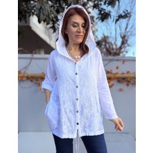Denizege Butik Brode Desen Gömlek Kapüşonlu Beyaz