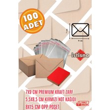 İstisna 100 Adet 7x9 Cm Kraft Zarf Kırmızı Not Kağıdı ve Opp Poşet Hediyeli Sevimli Mini Kart Zarfları