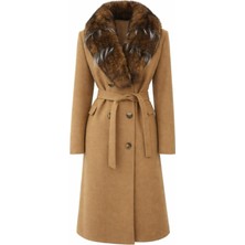 Esin Giyim Kürk Yakalı Kruvaze Kuşaklı Kaşe Kaban