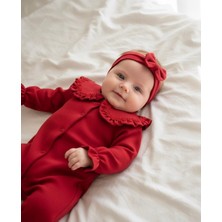 O Baby Kız Bebek Tulum & Fiyonklu Bandana Çiçek Işlemeli Bebe Yakalı - Kırmızı - 0-3-6 Ay