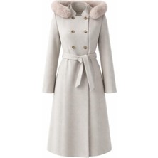 Esin Giyim Kruvaze Düğmeli Kuşaklı Kapşonlu Kaşe Kaban