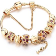 Kumi Kilitli Kalp Figürlü Taşlı Charm 20cm Bileklik-gold