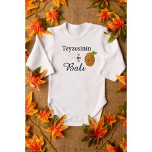 Overoz Teyzesinin Balı Yazılı Uzun Kollu Beyaz Bebek Body Zıbın 5585