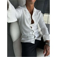Elku Moda Erkek Oversize Italyan Yaka Keten Pamuk Karışımlı Gömlek Rahat Kalıp Düz Renk Yarım Oversize