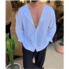 Elku Moda Erkek Oversize Hakim Yaka Keten Karışımlı Gömlek Rahat Kalıp Düz Renk Salaş Gömlek