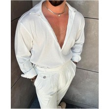 Elku Moda Erkek Oversize Italyan Yaka Pamuklu Likralı Karışımlı Gömlek Düz Renk Rahat Kalıp