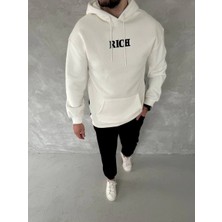 Tarz Yeri Uzun Kol Kapüşonlu Göğüs Baskılı Sweatshirt - Beyaz