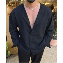 Elku Moda Erkek Oversize Hakim Yaka Keten Karışımlı Gömlek Rahat Kalıp Düz Renk Salaş Gömlek