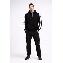 Erkek Şeritli Kapüşonlu Sweatshirt Oversize 3 Iplik Pamuklu - Siyah