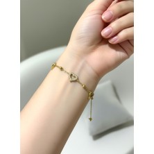 Atalya Accessory Içi Boş Kalp Üstü Taşlı Gold Renk Paslanmaz Çelik Kadın Bileklik - Sevgililer Günü Hediye