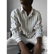 Elku Moda Erkek Oversize Çizgili Keten Karışımlı Rahat Kalıp Uzun Kollu Gömlek