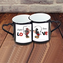 UltraMint Ikili Kalp Kulplu Siyah Sihirli Kupa Bardak Mickey Minnie Sevgililer Günü