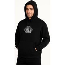 Erkek Kapşonlu Sweatshirt – Oversize Üç Iplik Şardonlu Hoodie, “west Coast Classics” Ön & Arka Baskılı, Kanguru Cepli Kışlık Günlük Stil - Siyah