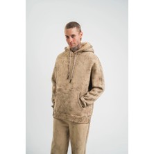 Erkek Double Oversize Kapşonlu Yıkamalı Sweatshirt - Bej