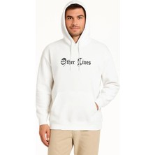 Erkek Kapşonlu Sweatshirt – Oversize Üç Iplik Şardonlu Hoodie, “other Lives” Ön & Arka Baskılı, Kanguru Cepli, Kışlık Rahat Günlük Stil - Beyaz