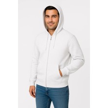 Erkek Üç Iplik Kapüşonlu Tam Fermuarlı Kanguru Cepli Sweatshirt Hoodie - Beyaz