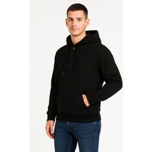 Erkek Ovarsize Kapüşonlu Swetshirt Kanguru Çepli Cıtcıtlı 3 Iplik Şardonlu Hoodie - Siyah