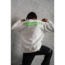Erkek Oversize Sweatshirt – Beyaz Renk | Ön ve Sırt Baskılı, Üç Iplik Içi Pamuklu Kumaş, Rahat Kalıp, Ribanalı Kışlık Sweat | Winagain Polizei Serisi - Beyaz