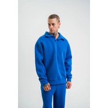 Erkek Patlı Yaka Üç Iplik Pamuklu Sweatshirt Double Oversize Rahat Kalıp Günlük Kullanım - Mavi