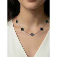 Atalya Accessory Yonca Modeli Gümüş Renk Siyah Taşlı Kadın Paslanmaz Çelik Kolye - Kararma Yapmaz Çift Taraflı