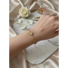 Atalya Accessory Yonca Modeli Gold Renk Unisex Kararmaz Çelik Bileklik - 17 cm Uzunluk 1.5 cm Genişlik Çift Taraflı
