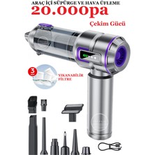 Prepare Kablosuz Araç Içi Süpürge 20.000PA Basınçlı Üfleme ve Çekme Süpürgesi 12 Parçalı Temizleme Seti Gri