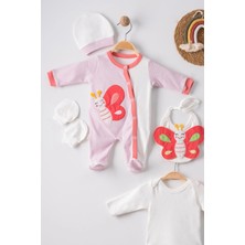 Çamaşır Kenti Kelebek Nakışlı Puanlı Tulumlu % 100 Pamuk Kız Bebek 5'li Set