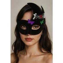 Narnuga Siyah Renk Incili Taşlı Süet Kaplama Venedik Parti Maskesi 20X22 cm