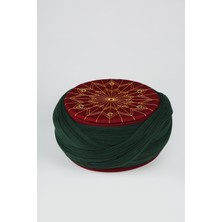 Sarıkhane Talebe Sarığı - Yeşil Kumaş - Bordo Takke - Çapraz Sarım - Kuş Gözü - 7 Metre