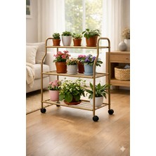 Arvion Home Gold 3 Katlı Metal Tekerlekli Mutfak ve Dekoratif Saksılık Rafı-Organizer