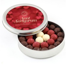 UltraMint Sevgililer Günü Için Renkli Truffle Çikolata Seti, Yuvarlak Metal Kutu