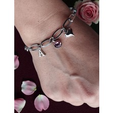 Amabel Jewelerys Sevgililer Günü Hediyesi Kalp, Harf ve Taş Charmlı Çelik Bileklik (Ipli Bileklik Hediyeli)