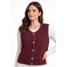 Çıtçıt Detaylı Kahverengi Trend Fitted Kuzu Yelek