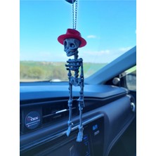 Fötr Şapkalı Iskelet Ayna Süsü, Kırmızı-Gri, Zincirli Araba Dekoru