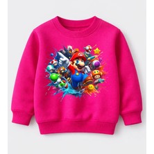 Efendioğlu Design Sweatshirt Renkli Mantarlar Dolu Mario Baskılı Pamuklu 3 Iplik Çocuk Sweatshirt