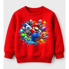 Efendioğlu Design Sweatshirt Renkli Mantarlar Dolu Mario Baskılı Pamuklu 3 Iplik Çocuk Sweatshirt