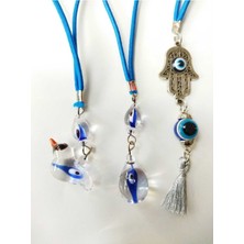 El Yapımı Saydam Nazar Boncuğu ve Kuş Figürlü Araba Aynası Seti