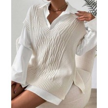 Yuga Knitting Örgü Detaylı Desenli 75 cm Uzun Kadın Süveteri