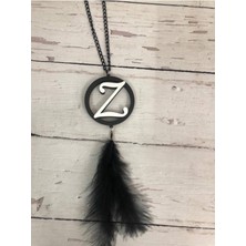 Z Harfi Araç Dikiz Ayna Süsü, 6cm, Siyah Tüylü, Ahşap ve Gümüş Pleksi