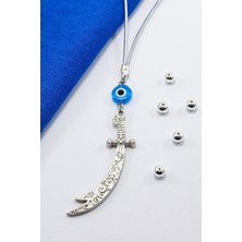 El Yapımı Cam Turkuaz Nazar Boncuklu Metal Zülfikar Araba Aynası Süsü